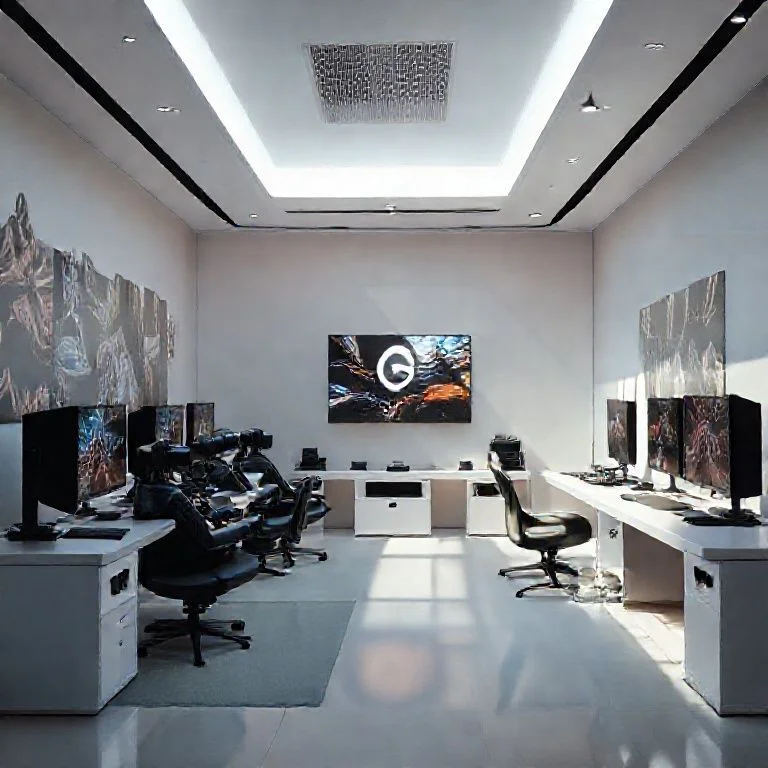 A highly stylized, minimalist architectural rendering of a brutalist structure, infused with neon accent lighting. Geometric shapes dominate, with concrete textures softened by ethereal glows. No human presence, just the stark, imposing beauty of the building.