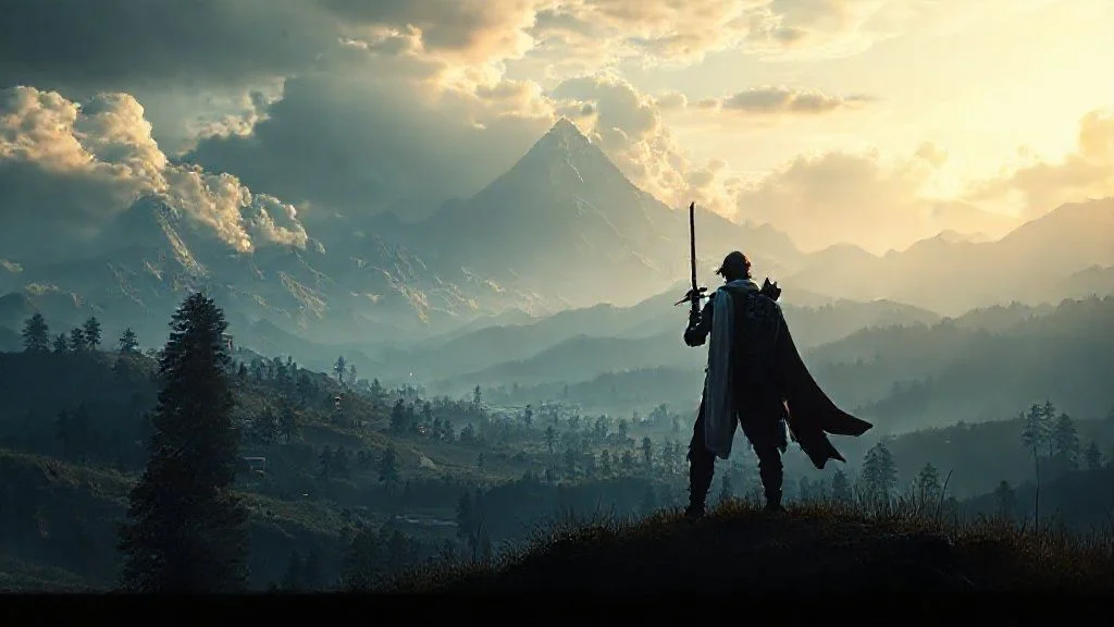 An awe-inspiring, sweeping panoramic shot of a dark, fantastical gaming world. Imagine a blend of ancient ruins infused with glowing neon tech, reminiscent of a retro-futuristic dystopia but with a grand, epic scale. Massive, intricately detailed floating city fragments, illuminated by vibrant cyan and magenta lights, hover over a mysterious, mist-shrouded chasm. In the foreground, subtle geometric structures emit a soft, pulsing light, hinting at advanced alien tech or an ancient power source. The sky is a deep, bruised purple with faint, iridescent nebulae and subtle digital glitch effects. The overall style is maximalist, with incredible depth and detail, overlaid with a very subtle, sophisticated vintage film grain and chromatic aberration that adds an artistic, high-production-value feel. No human figures.